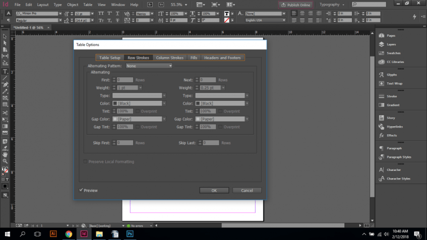 Row Strokes Option in Table Options